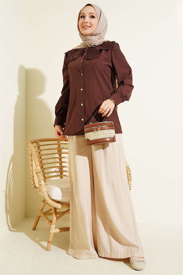 Lace-trimmed Peter Pan Collar Poplin Shirt, Brown