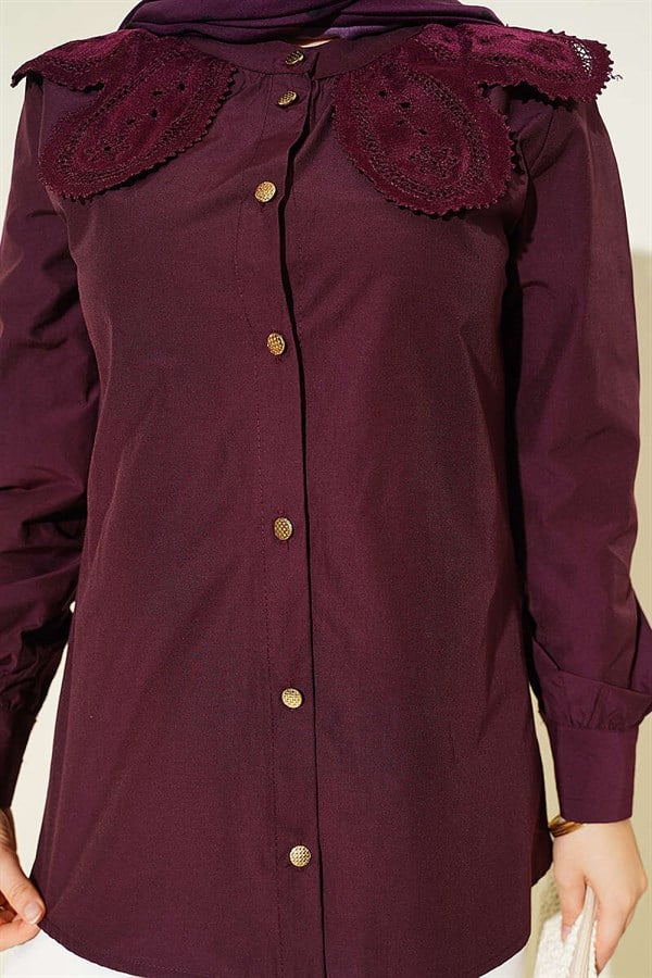 Lace-trimmed Peter Pan Collar Poplin Shirt, Plum