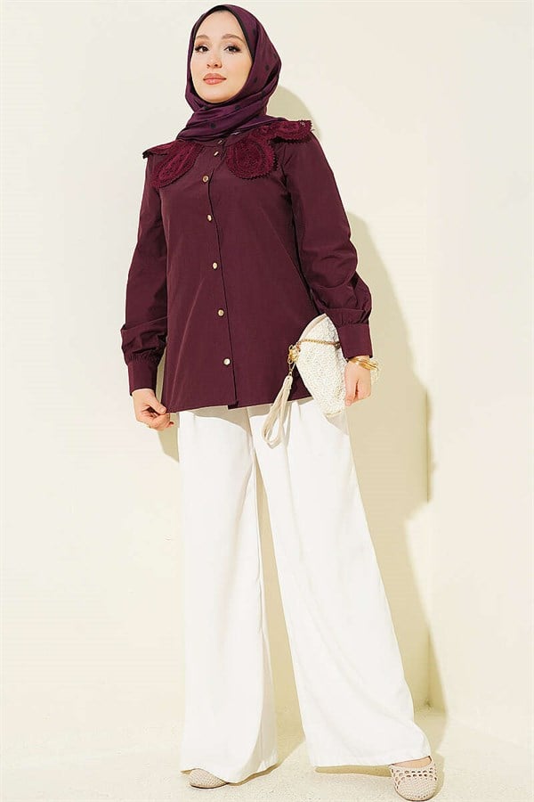 Lace-trimmed Peter Pan Collar Poplin Shirt, Plum
