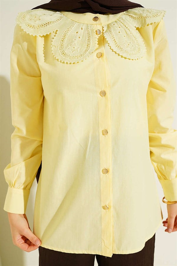Lace-trimmed Peter Pan Collar Poplin Shirt, Yellow