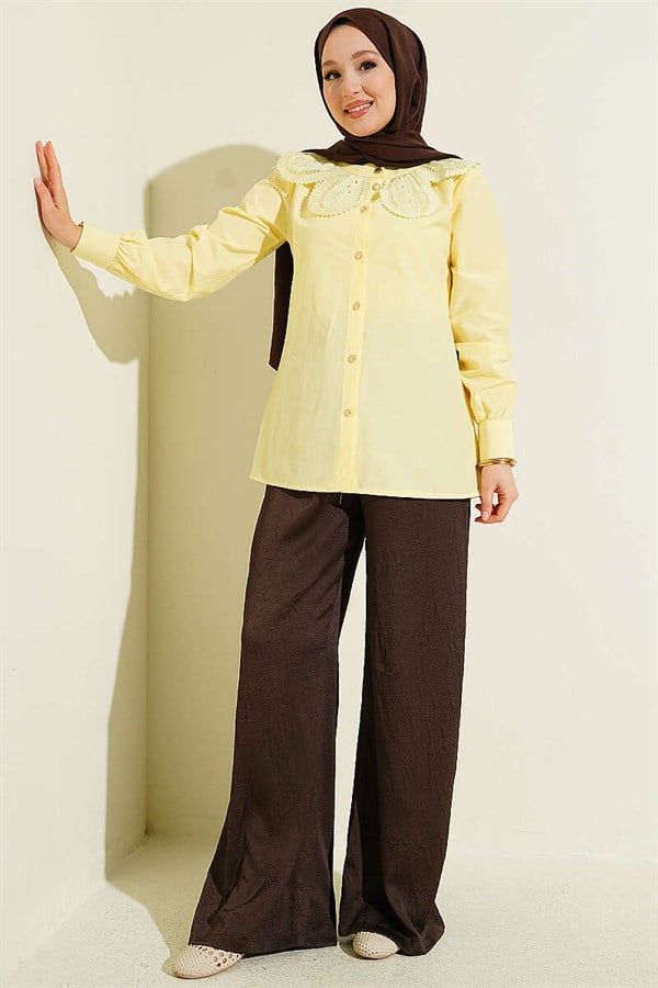 Lace-trimmed Peter Pan Collar Poplin Shirt, Yellow