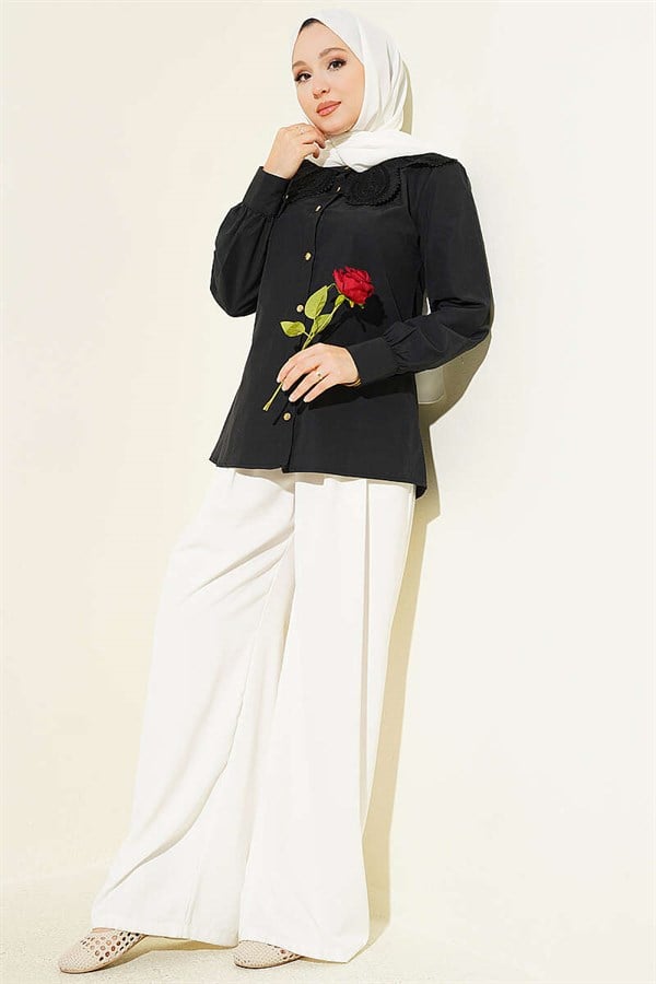 Black Poplin Shirt with Lace Peter Pan Collar