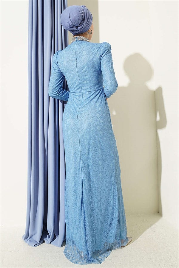 Lace, Ruched, Embellished Evening Dress, Baby Blue