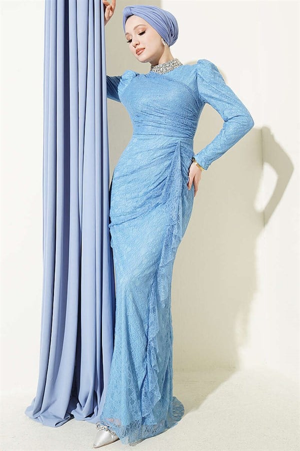 Lace, Ruched, Embellished Evening Dress, Baby Blue