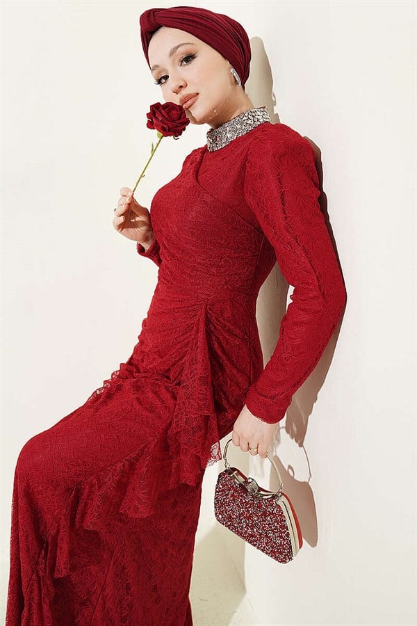Burgundy Lace, Ruched, Embellished Evening Dress