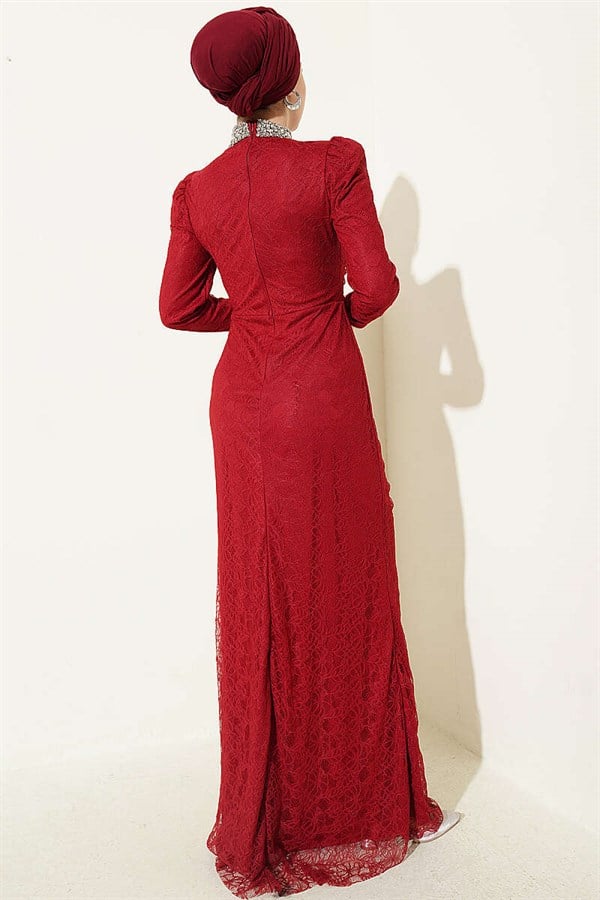 Burgundy Lace, Ruched, Embellished Evening Dress