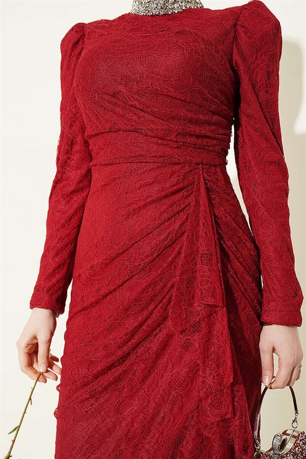 Burgundy Lace, Ruched, Embellished Evening Dress