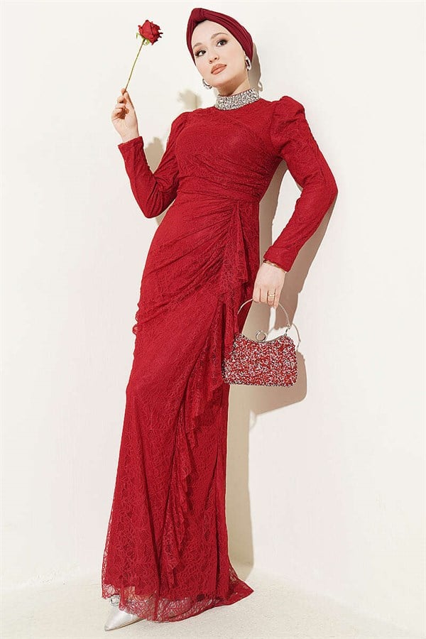 Burgundy Lace, Ruched, Embellished Evening Dress