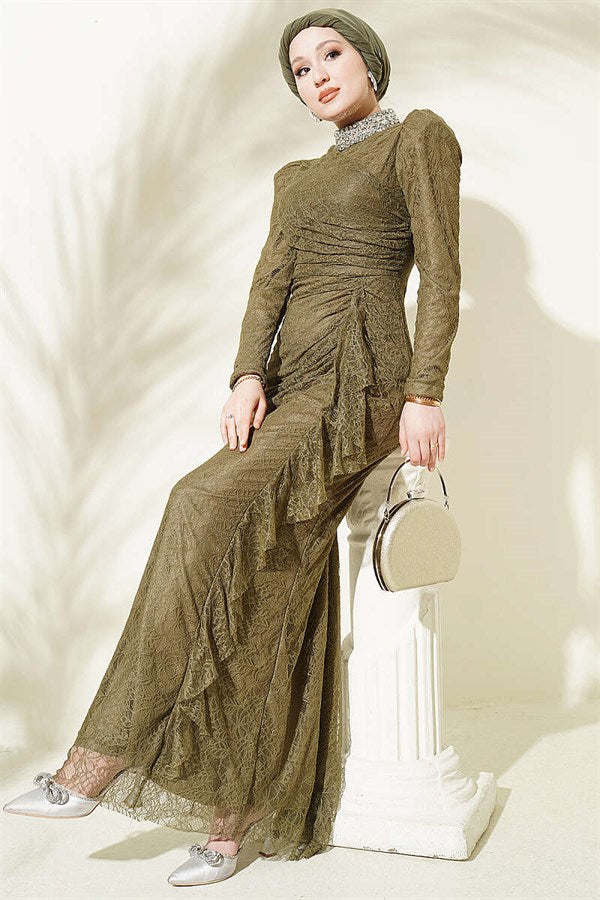 Lace, Ruched, Embellished Evening Dress, Khaki