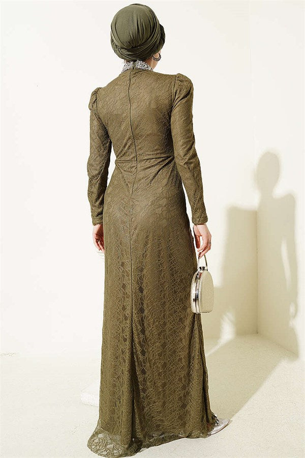 Lace, Ruched, Embellished Evening Dress, Khaki