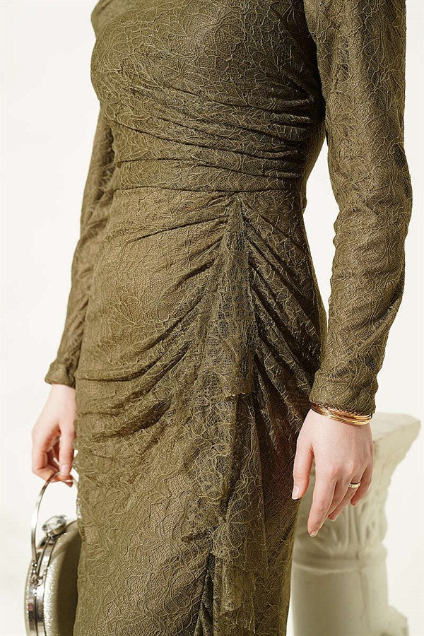 Lace, Ruched, Embellished Evening Dress, Khaki
