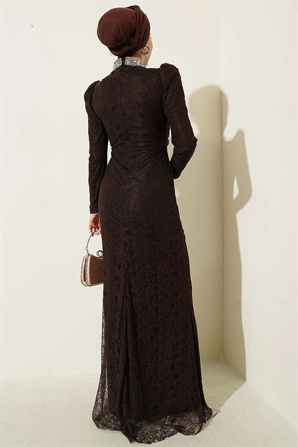 Lace, Ruched, Embellished Evening Dress in Brown