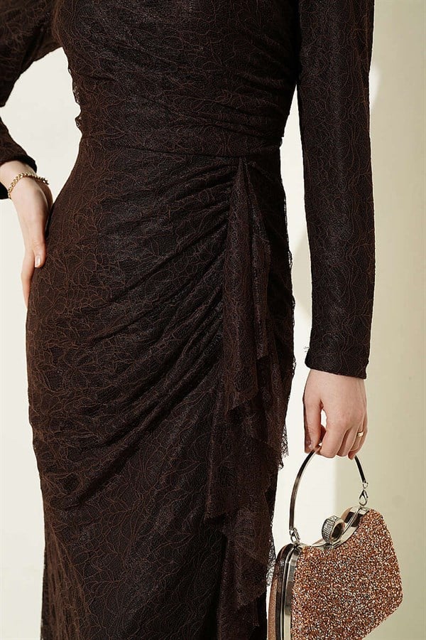 Lace, Ruched, Embellished Evening Dress in Brown