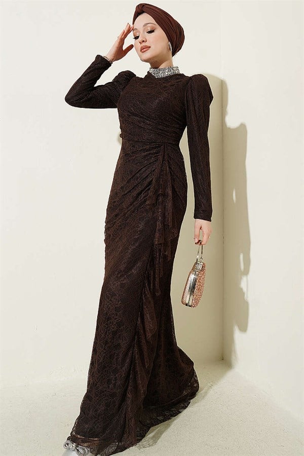 Lace, Ruched, Embellished Evening Dress in Brown