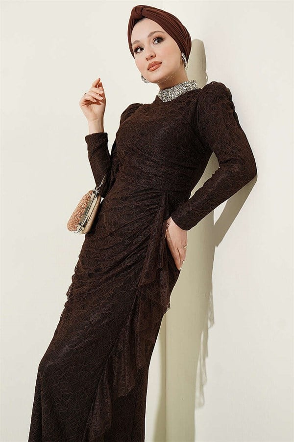 Lace, Ruched, Embellished Evening Dress in Brown