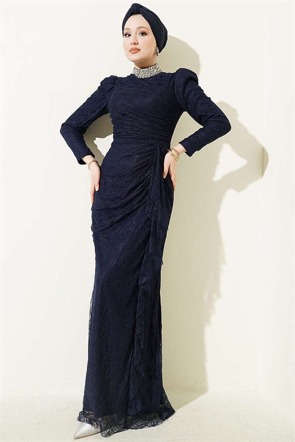 Navy Blue Lace, Ruched, and Embellished Evening Dress