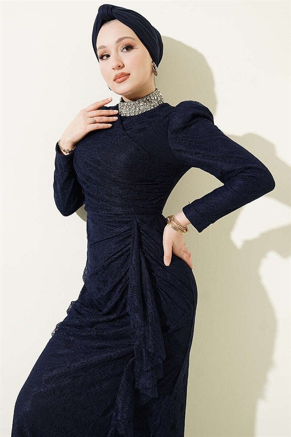 Navy Blue Lace, Ruched, and Embellished Evening Dress
