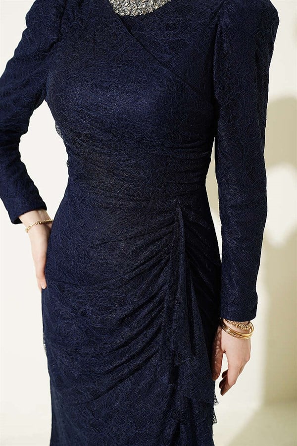 Navy Blue Lace, Ruched, and Embellished Evening Dress
