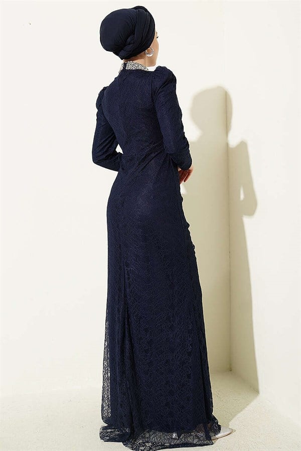Navy Blue Lace, Ruched, and Embellished Evening Dress