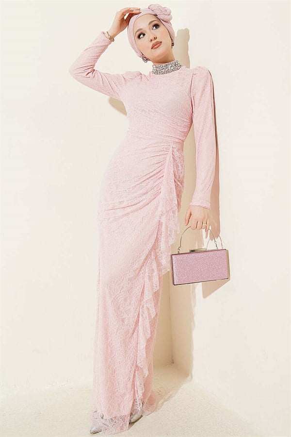 Lace, Ruched, Embellished Evening Dress in Powder Pink