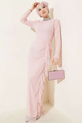 Lace, Ruched, Embellished Evening Dress in Powder Pink
