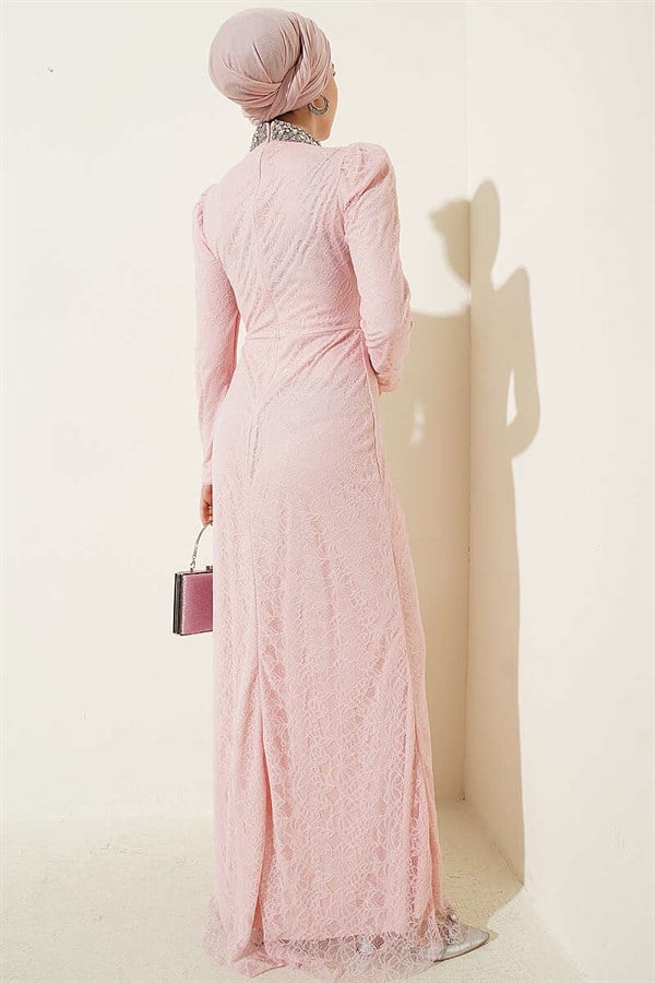 Lace, Ruched, Embellished Evening Dress in Powder Pink