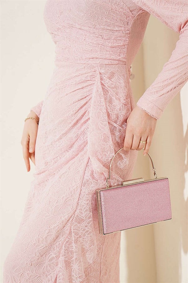 Lace, Ruched, Embellished Evening Dress in Powder Pink