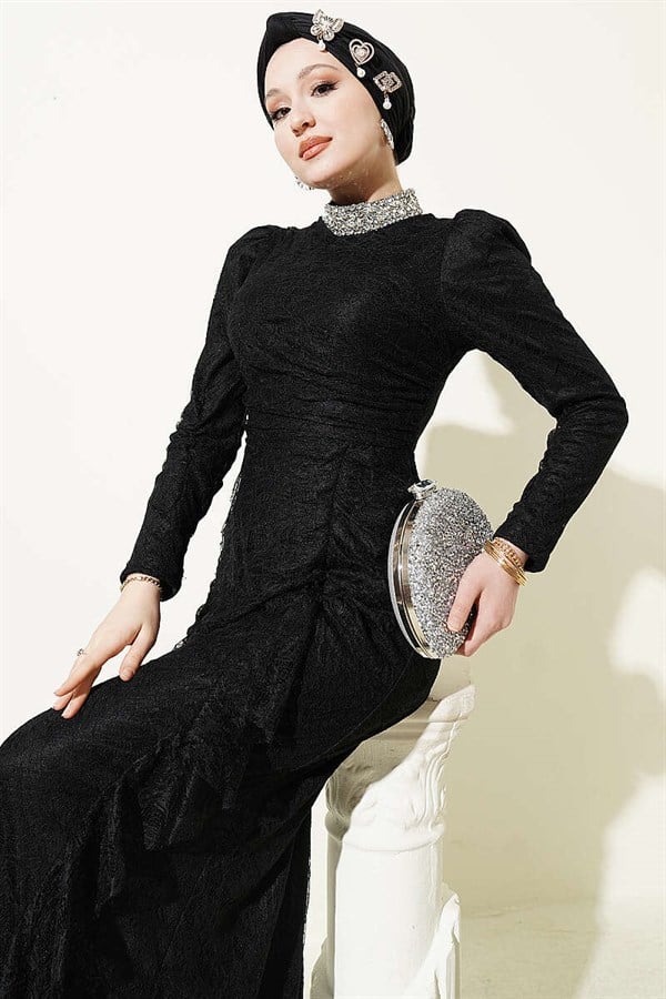 Lace, Ruched, Embellished Evening Dress, Black