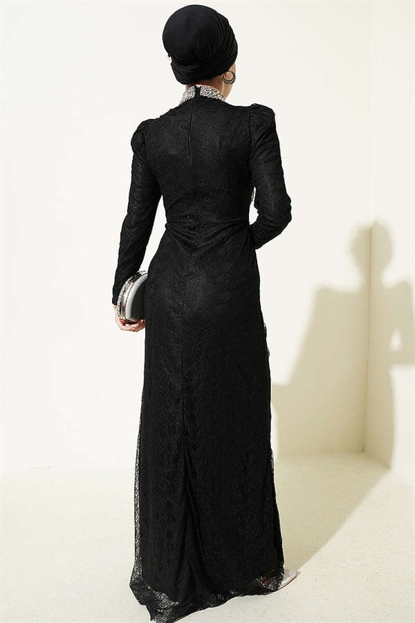 Lace, Ruched, Embellished Evening Dress, Black