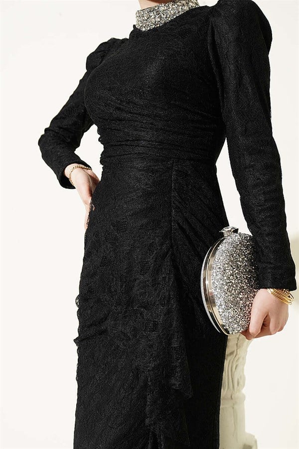 Lace, Ruched, Embellished Evening Dress, Black