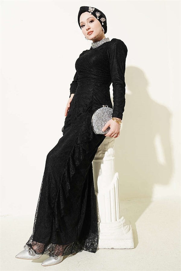 Lace, Ruched, Embellished Evening Dress, Black