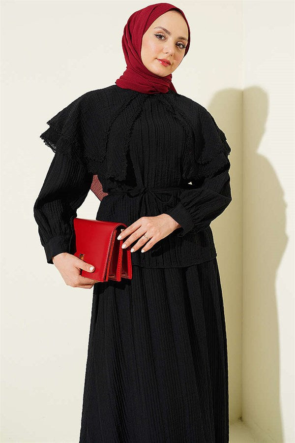 Lace-trimmed Double Sailor Collar Skirt 2 Piece Set, Black