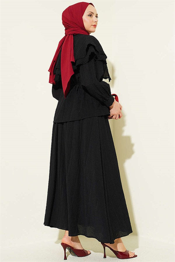 Lace-trimmed Double Sailor Collar Skirt 2 Piece Set, Black