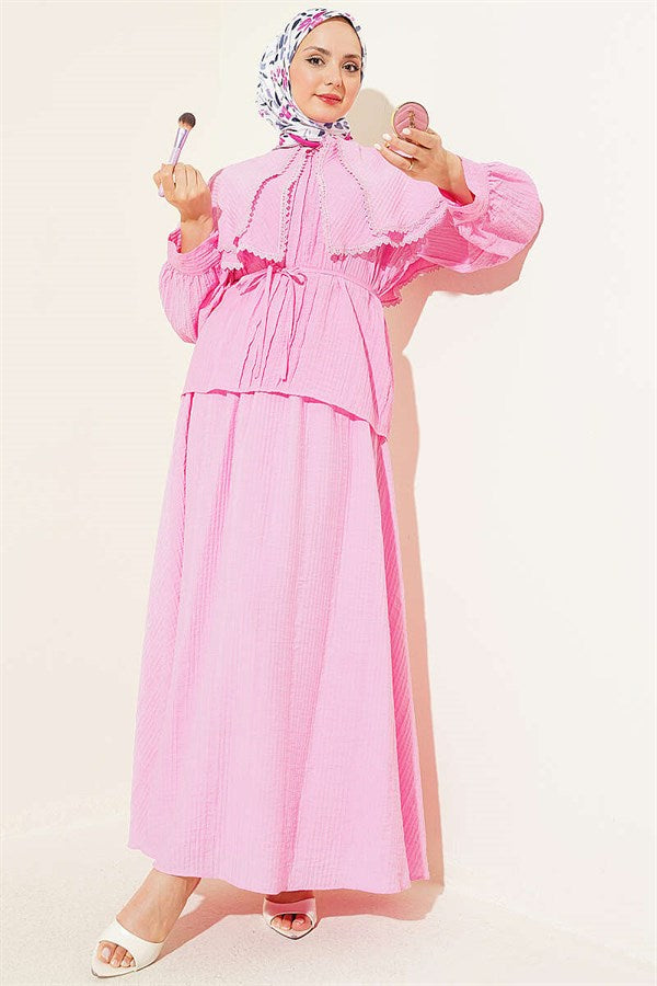 Pink Lace Double Sailor Collar Skirt 2 Piece Set
