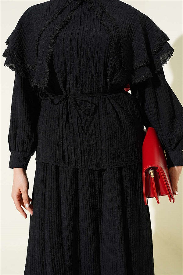 Lace-trimmed Double Sailor Collar Skirt 2 Piece Set, Black