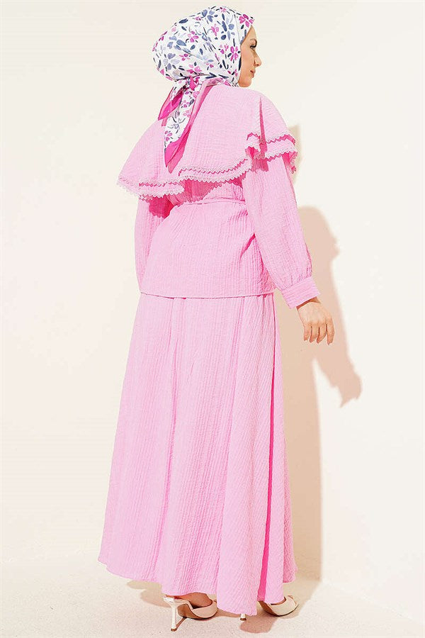 Pink Lace Double Sailor Collar Skirt 2 Piece Set