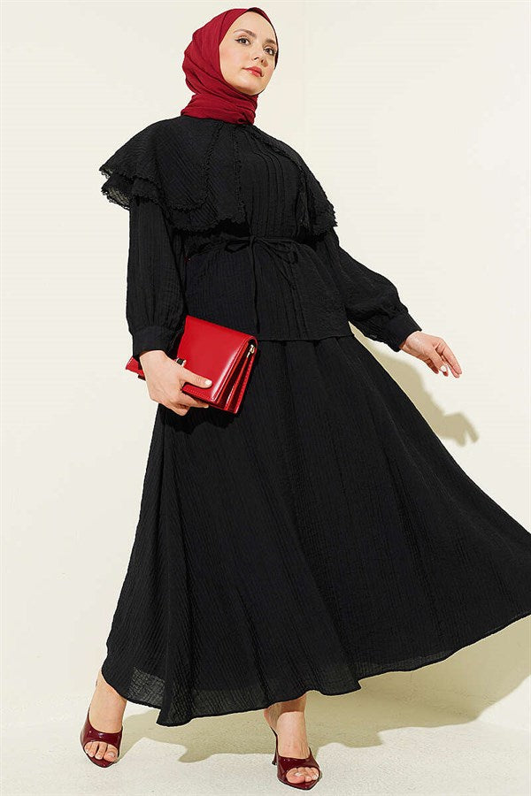 Lace-trimmed Double Sailor Collar Skirt 2 Piece Set, Black