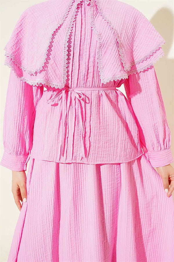 Pink Lace Double Sailor Collar Skirt 2 Piece Set
