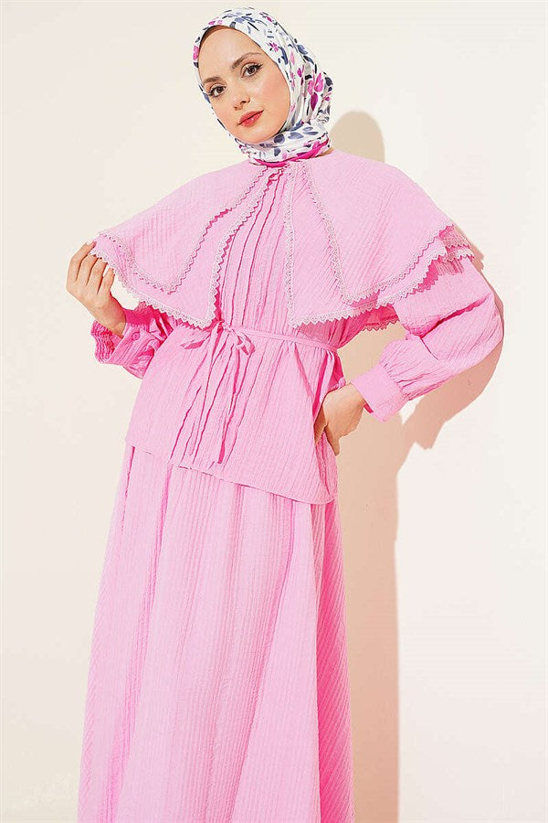 Pink Lace Double Sailor Collar Skirt 2 Piece Set