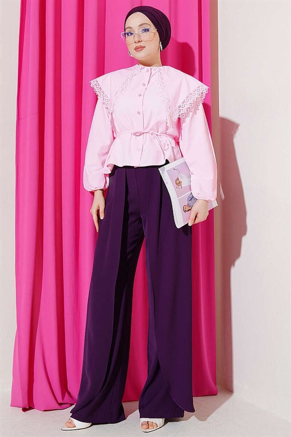Lace Sailor Collar Short Poplin Shirt Pink