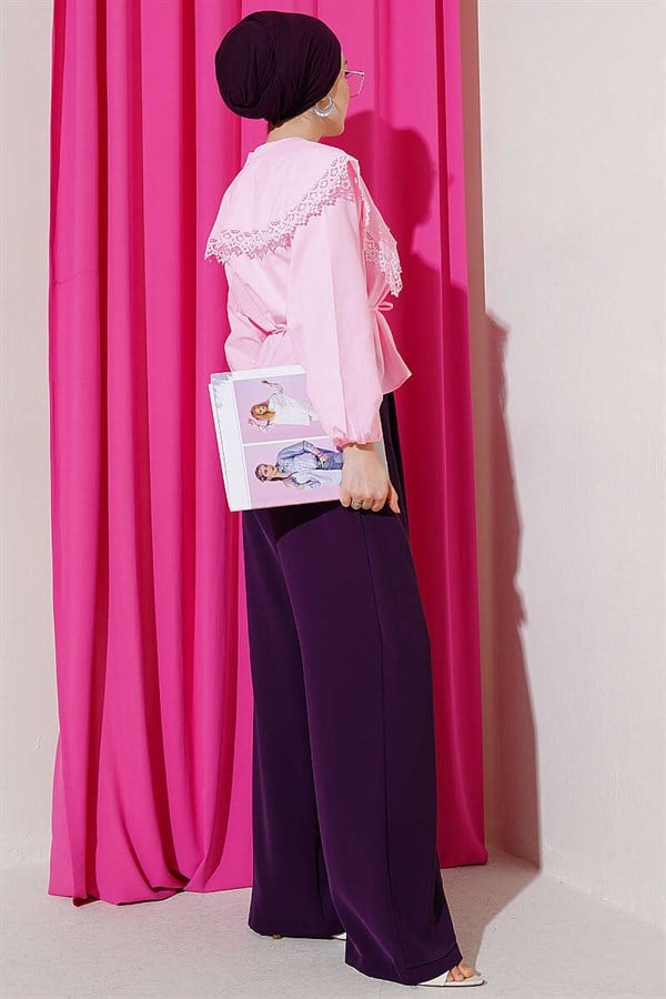 Lace Sailor Collar Short Poplin Shirt Pink