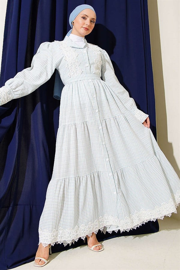 Lace Buttoned Waffle Dress Baby Blue