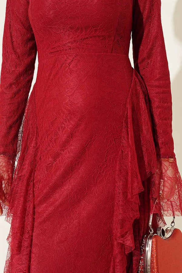Lace Skirt Ruffled Evening Dress Burgundy