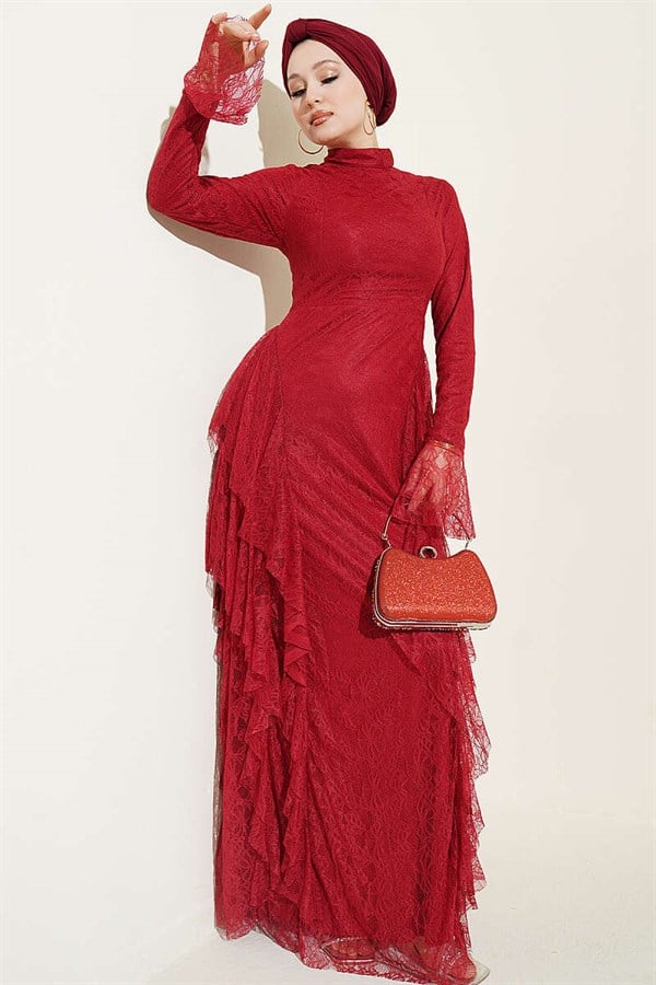 Lace Skirt Ruffled Evening Dress Burgundy