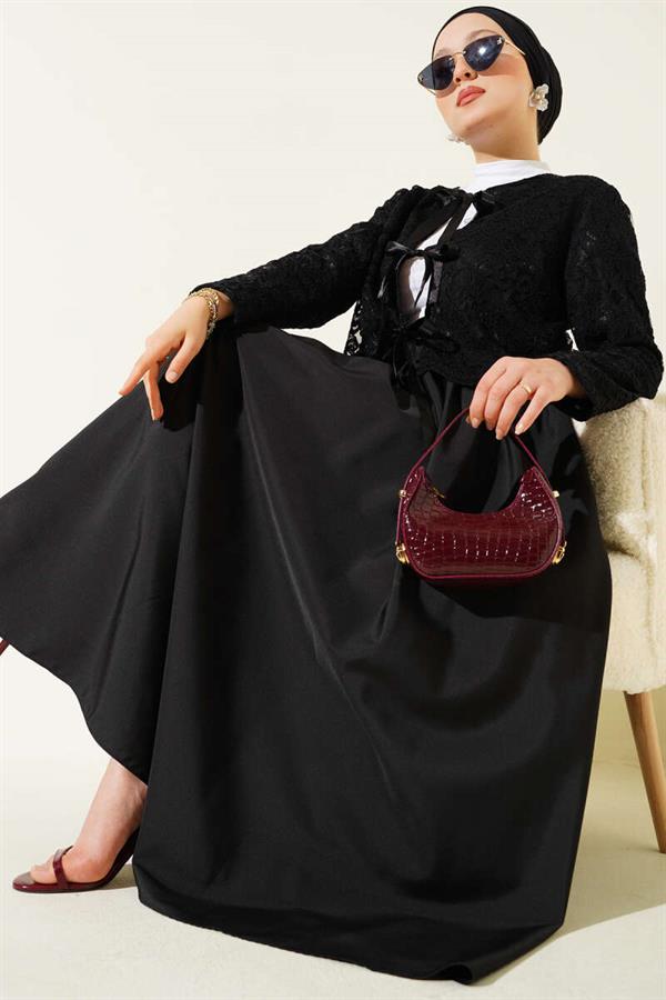 Lace Bow Tie Skirted 2 Piece Set Black