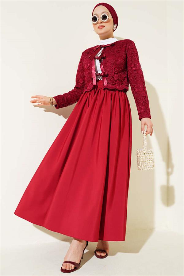 Lace Bow Tie Skirted 2 Piece Set Burgundy