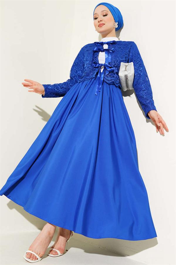 Lace Bow Tie Skirted 2 Piece Set Saxe