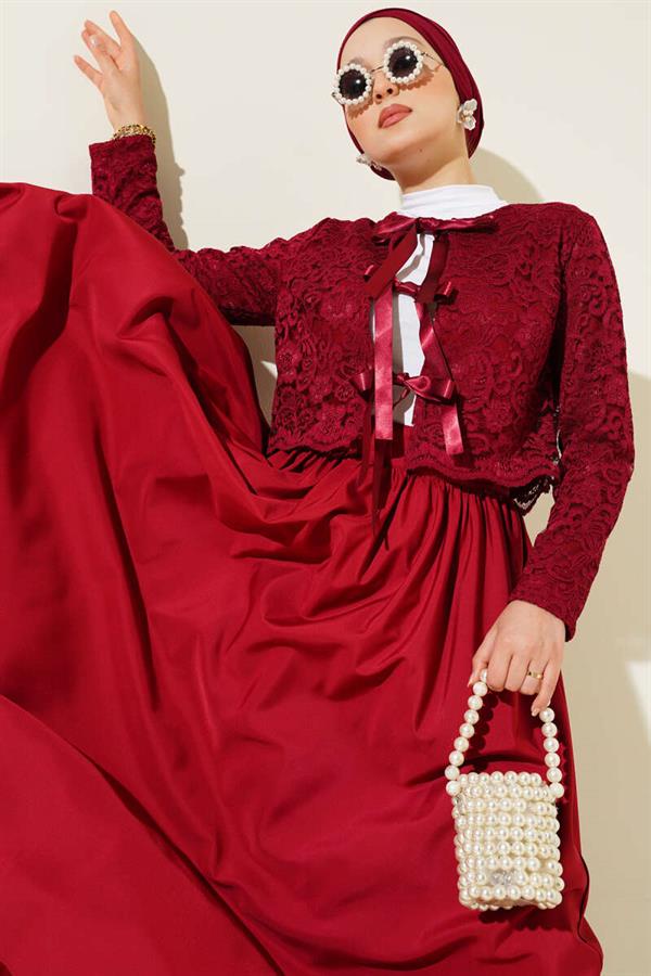 Lace Bow Tie Skirted 2 Piece Set Burgundy