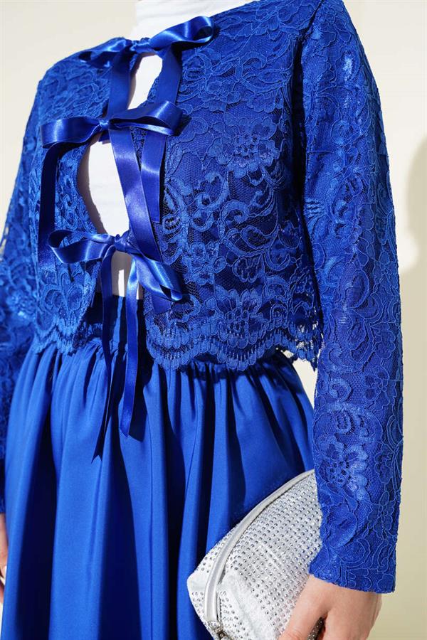 Lace Bow Tie Skirted 2 Piece Set Saxe