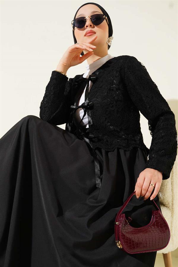 Lace Bow Tie Skirted 2 Piece Set Black